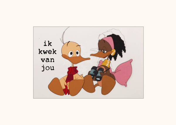 Voorkant Ansichtkaart Alfred Jodocus Kwak met tekst Ik kwek van jou van Herman van Veen en illustraties Harald Siepermann